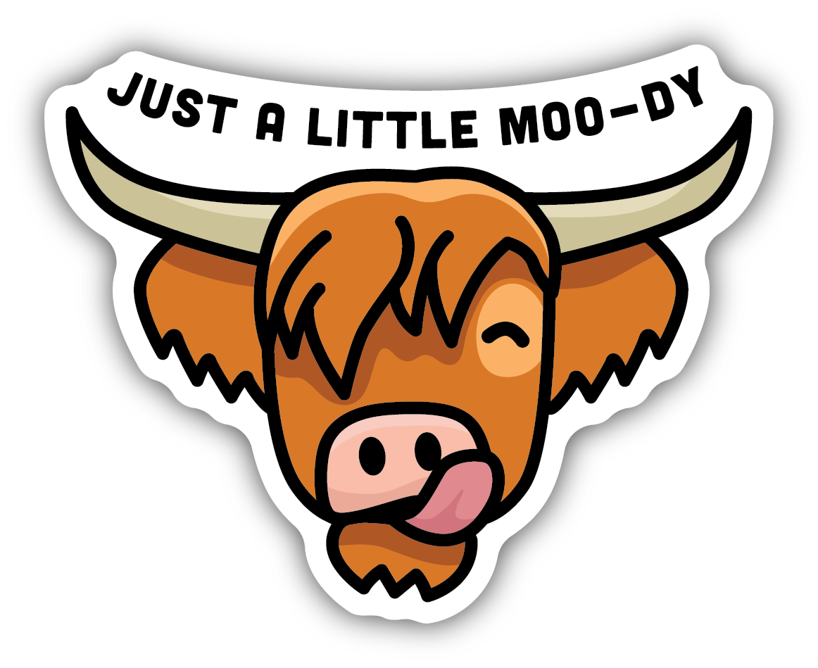 Moody Highland Coo Sticker - Oscar & Libby's