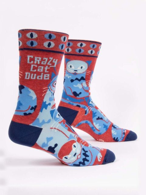 Blue Q | Men's Crew Socks | Crazy Cat Dude Blue Q - Oscar & Libby's