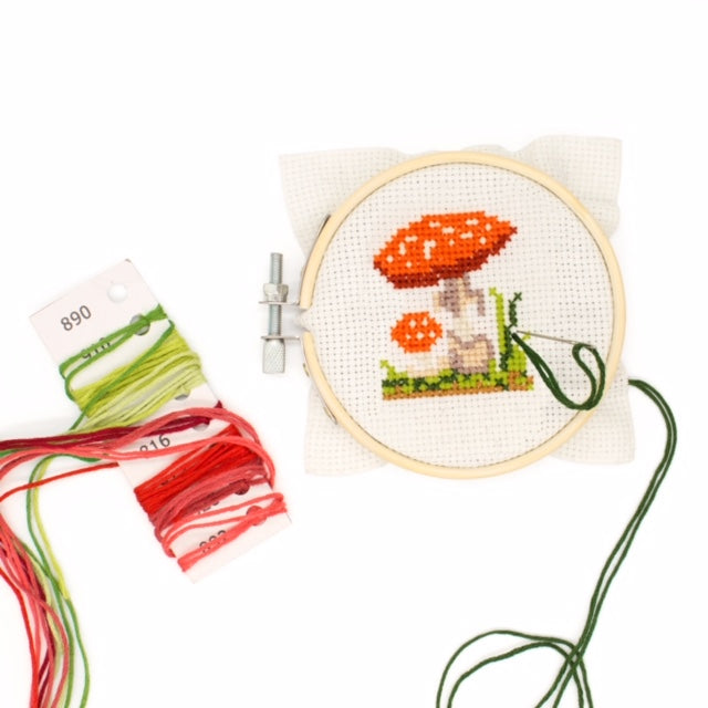 Mini Cross Stitch Embroidery Kit - Mushroom Kikkerland - Oscar & Libby's